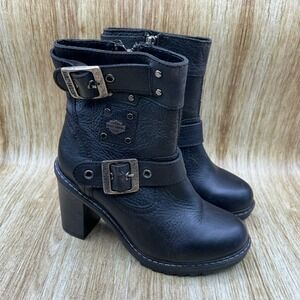 Harley Davidson Ludwell Women's 7 M Black Leather Moto Boots‎ Block Heel D83831